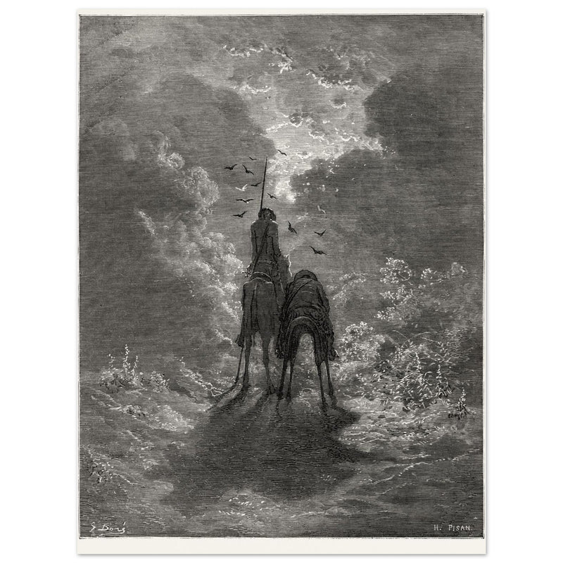 Don Quixote riding with Sancho Panza illustration by Gustave Dore.