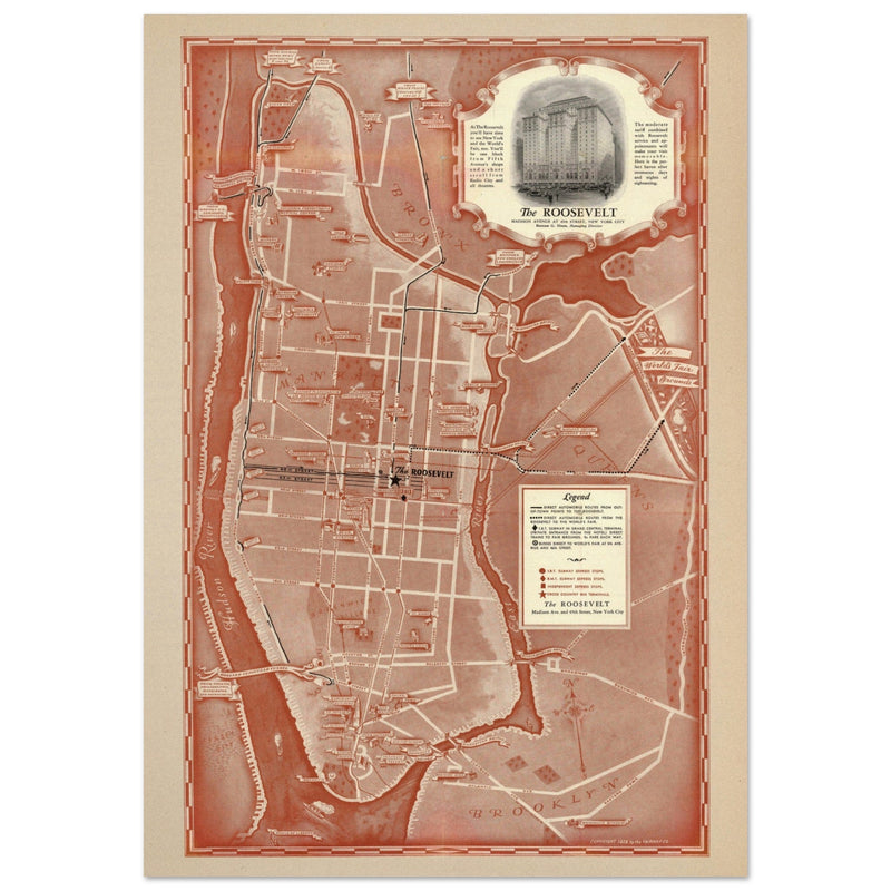 1938 New York City map. Created as an advertisement for the Roosevelt Hotel it includes major streets of Manhattan