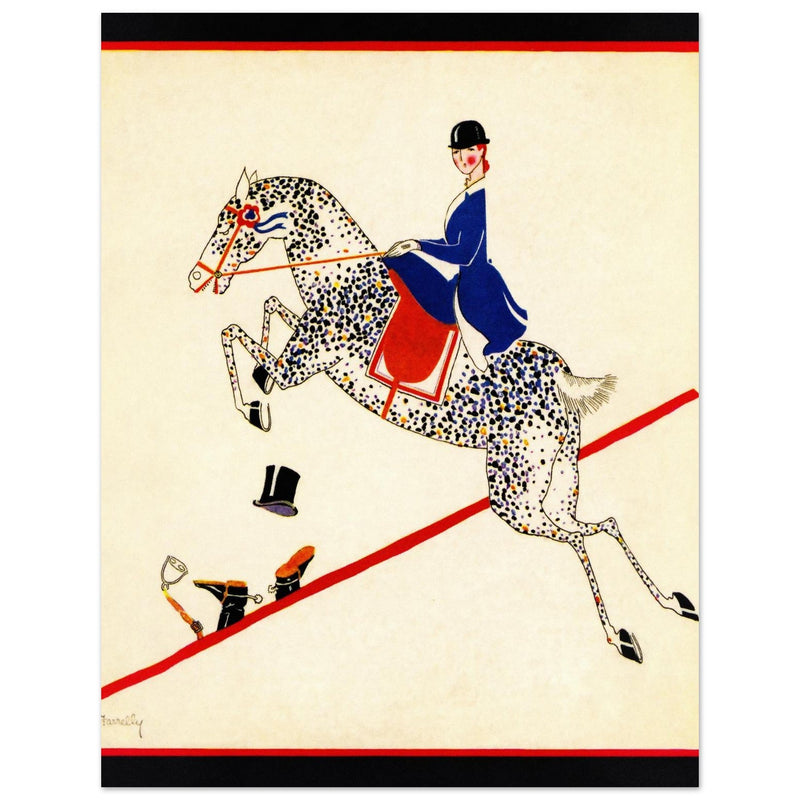 Aline Farrelly illustration for vintage fashion magazine cover woman on horse jumps over fence.