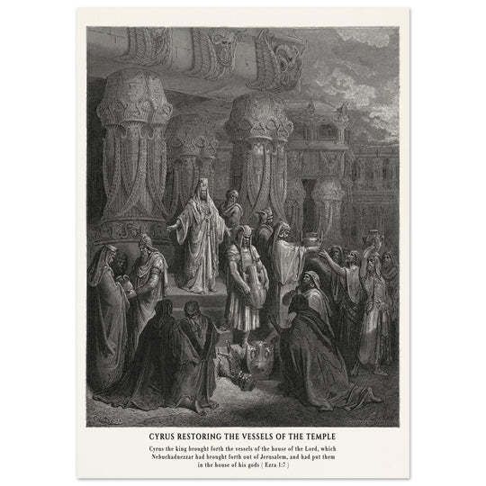 Gustave Dore The Bible engraving print . Cyrus restoring the vessesls of the temple .