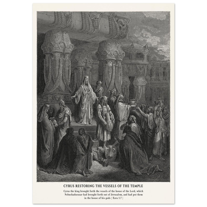 Gustave Dore The Bible engraving print . Cyrus restoring the vessesls of the temple .