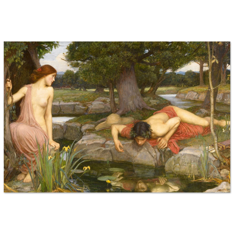 Echo and Narcissus by John William Waterhouse 1903.  from antique painting. Roman mythology.