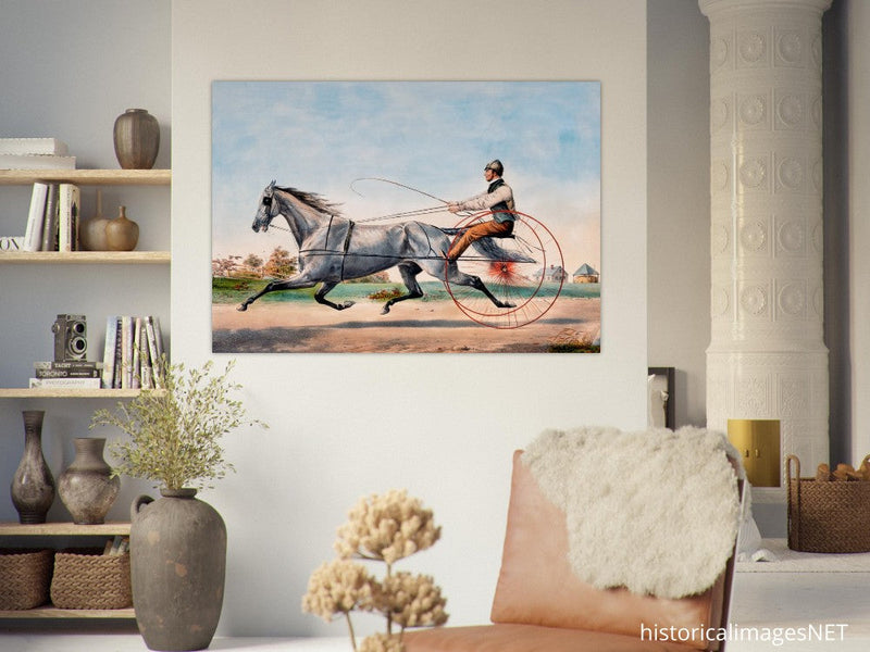 Harness cart horse racing. Grey Eddie by Nathaniel Currier 1855.