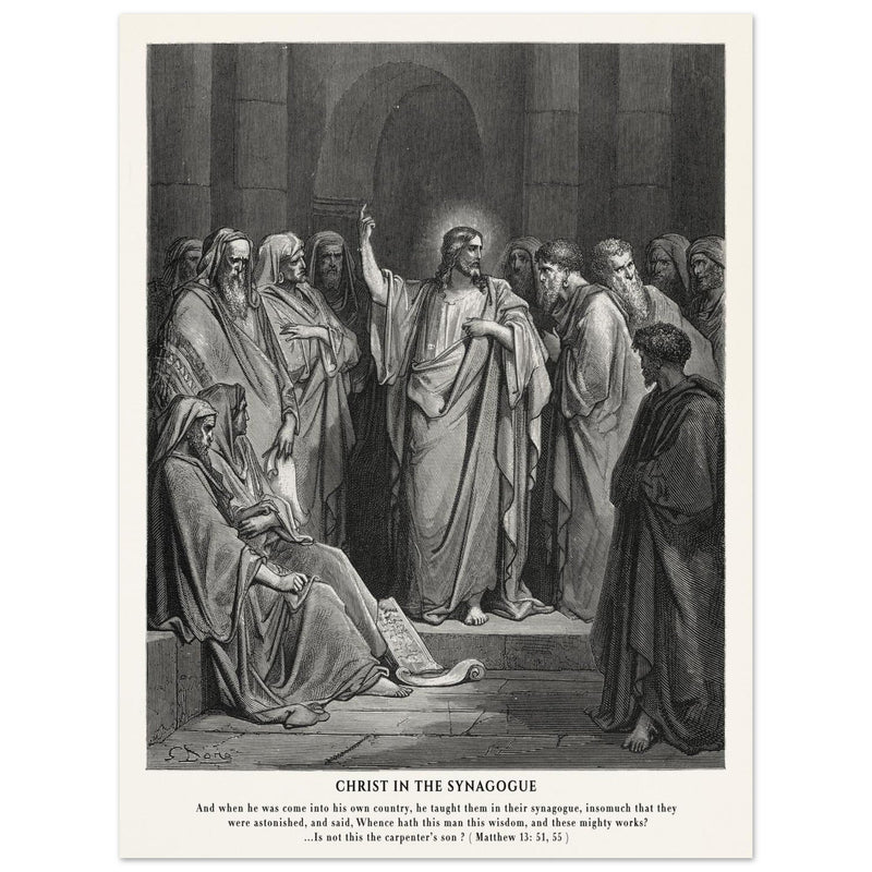 Gustave Dore The Bible engraving print . Christ in the synagogue illustration .