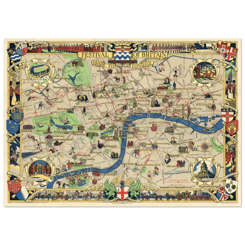 London 1951 vintage city map . Landmarks and places of interest in London.