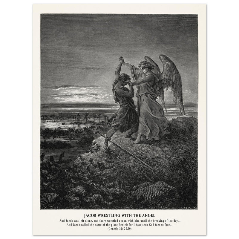 Gustave Dore The Bible engraving print . Jacob wrestling with the angel .
