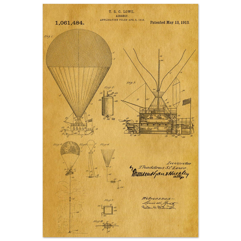 Airship patent illustration by T S C Lowe. Air Balloon
