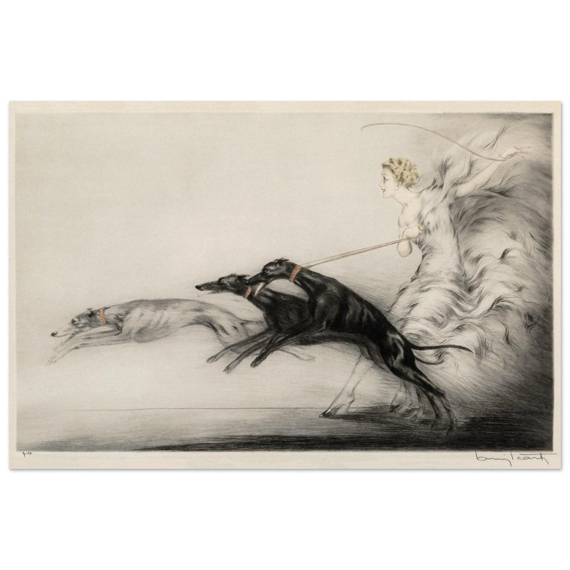 Louis Icart Speed 1927 Woman with greyhound dogs on the leash.