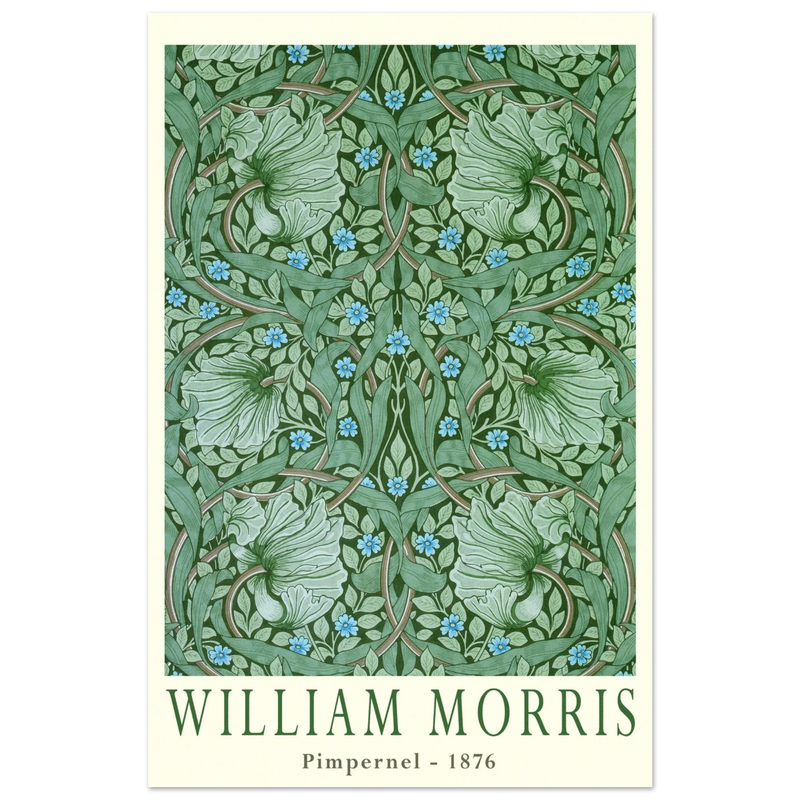 William Morris Pimpernel 1876. Green leaves and flowers wintage wallpaper art print.