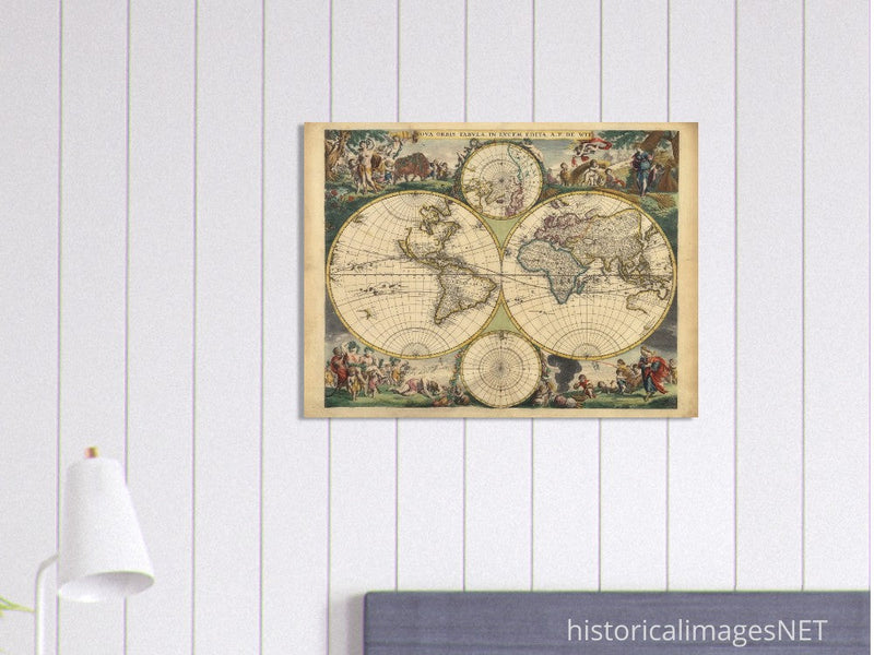 Frederik de Wit 1688 Ancient wold map. Double hemisphere antique old map reproduction. Nova orbis Tabula