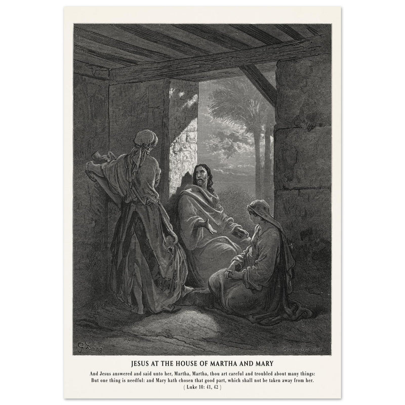 Gustave Dore The Bible engraving print . Jesus at the house of Martha and Mary .