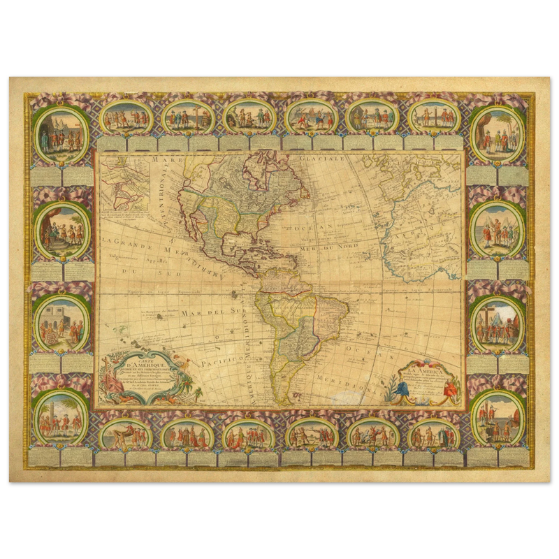 Ancient illustrated map of America. Poster of old cartography of the XVIII Century. Fine art .