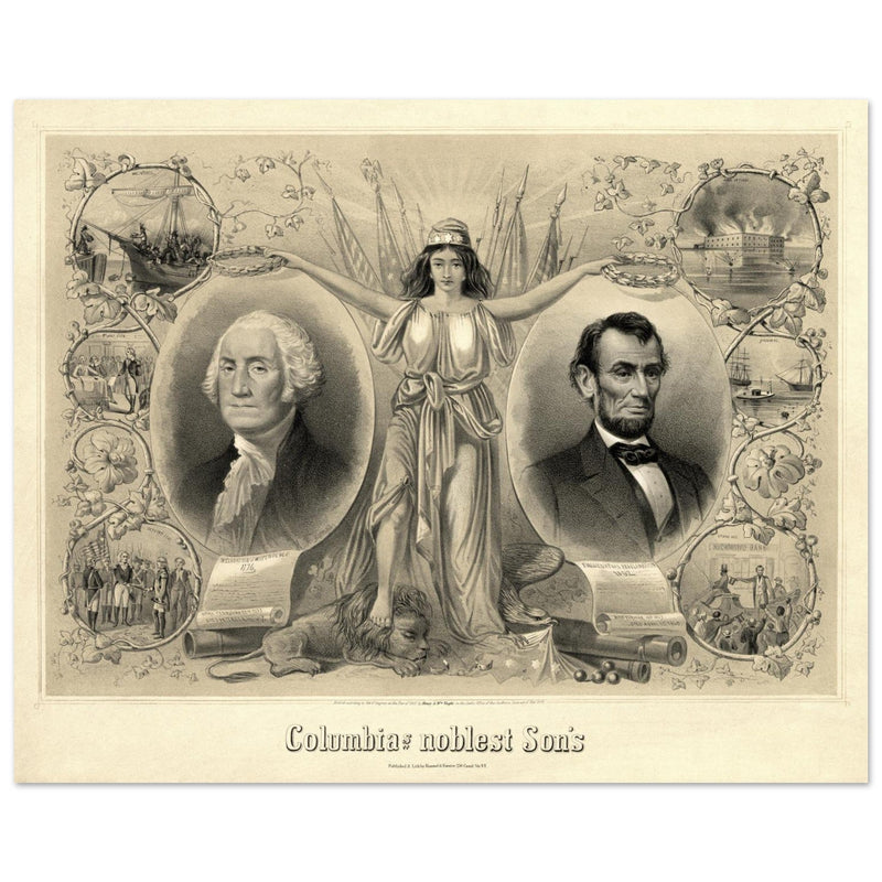 Abraham Lincoln and George Washington. Columbia's noblest sons engraving