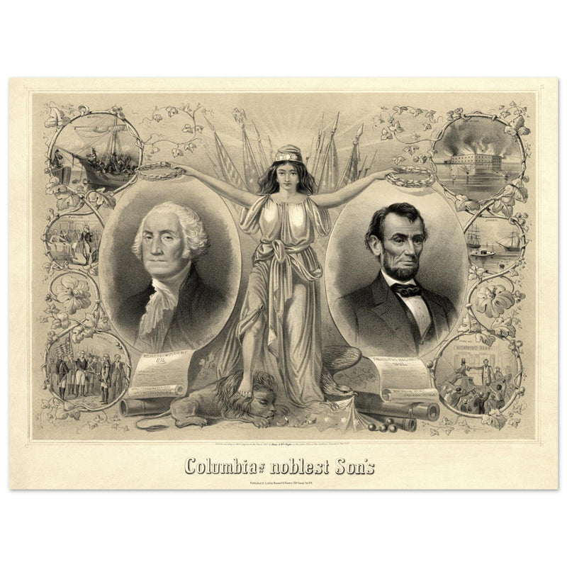 Abraham Lincoln and George Washington. Columbia's noblest sons engraving