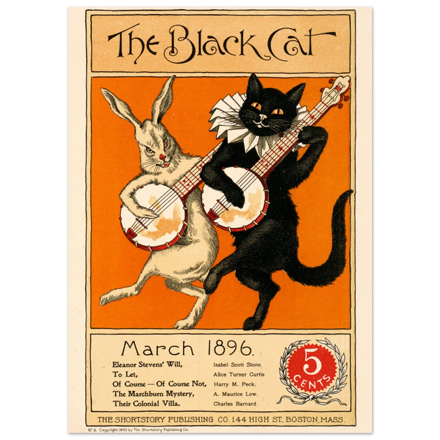 Rabbit and black cat playing banjos together as the cover illustration for The Black Cat Poster reproduction