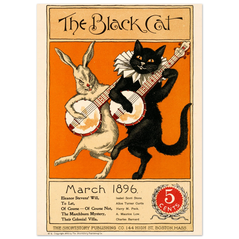 Rabbit and black cat playing banjos together as the cover illustration for The Black Cat Poster reproduction