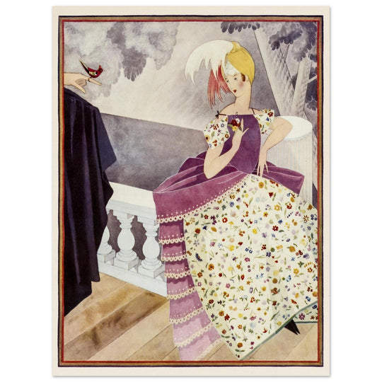 George Wolfe Plank vintage illustration for a fashion magazine cover. Portrait sitter watching bird