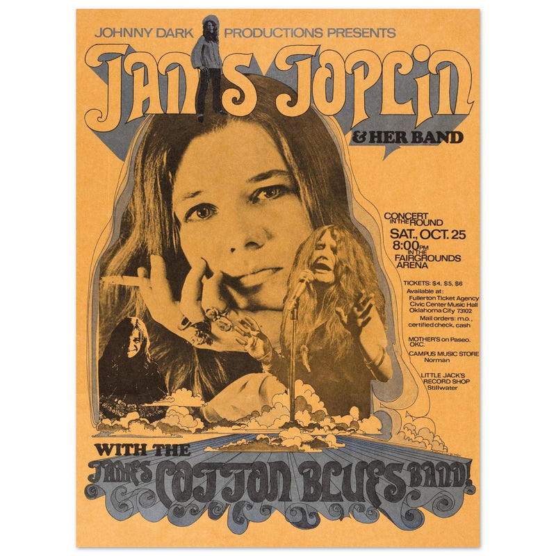Janis Joplin music vintage concert poster . Performance in Oklahoma City 1969 with James Cotton Blues band
