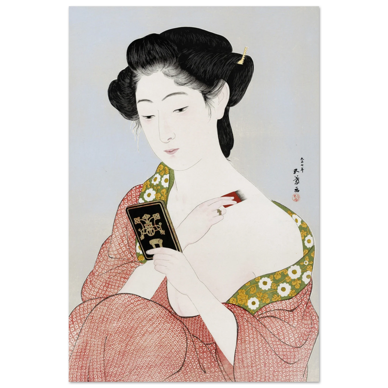 Hashiguchi Goyo woodblock print Make up Japanese woman applying make up and looking at her mirror