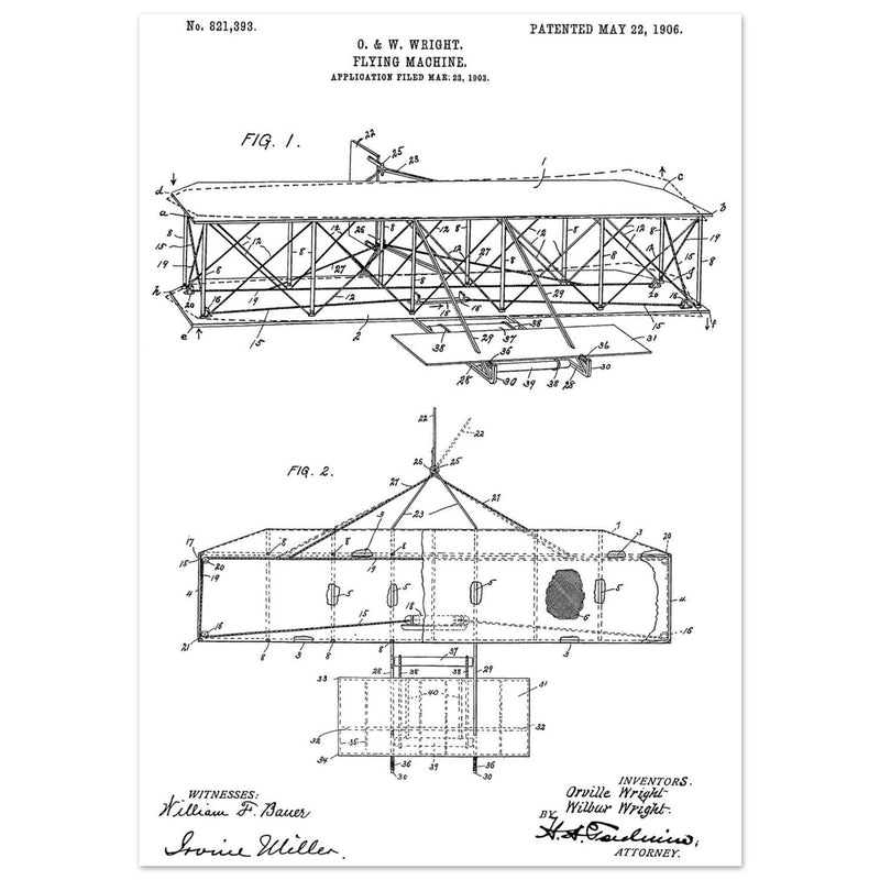 Flying machine patent 1906 by the Wright brothers. Vintage airplane.