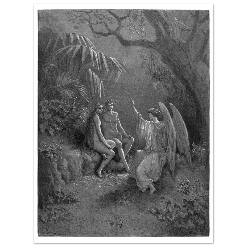 Gustave Dore Paradise Lost engraving . Archangel Rapahel with Adam and Eve in Eden.
