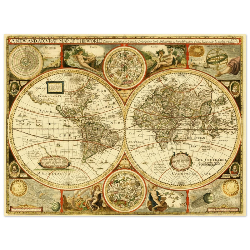 Old World Map of 1651 by John Speed. Vintage Double Hemisphere cartography of the XVII century .