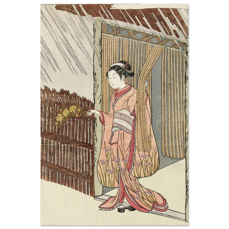 Girl with a yamabuki branch in hands by Suzuki Harunobu XVIII Century Woodblock print reproduction,