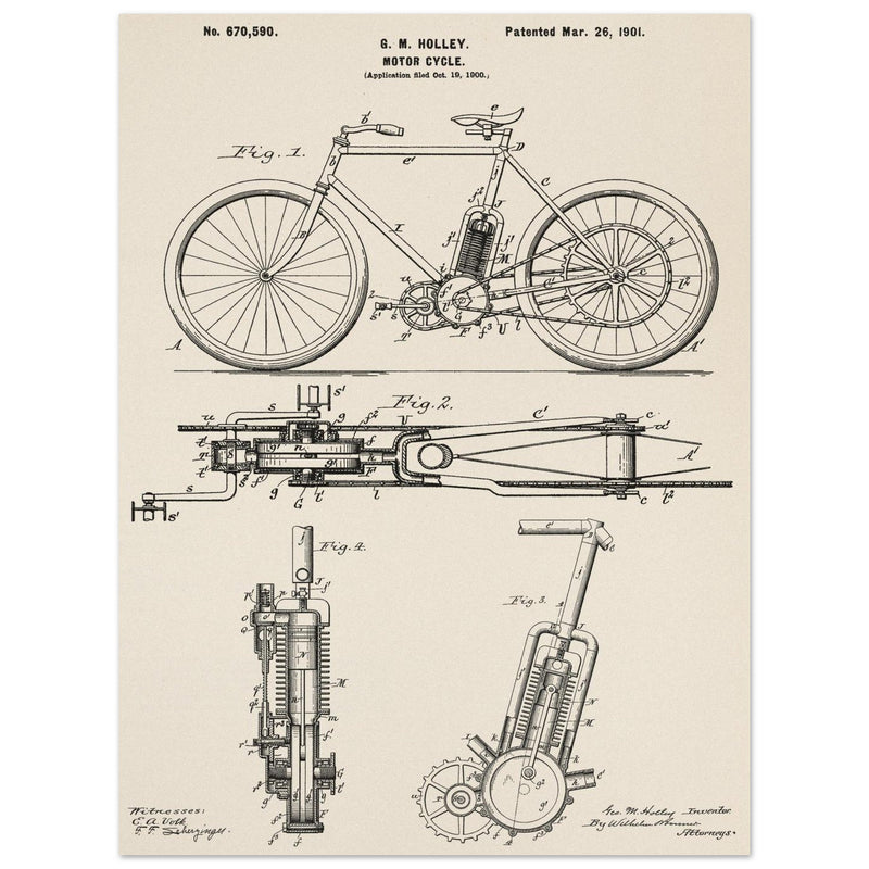 vintage motorcycle patent by G. M Holley.