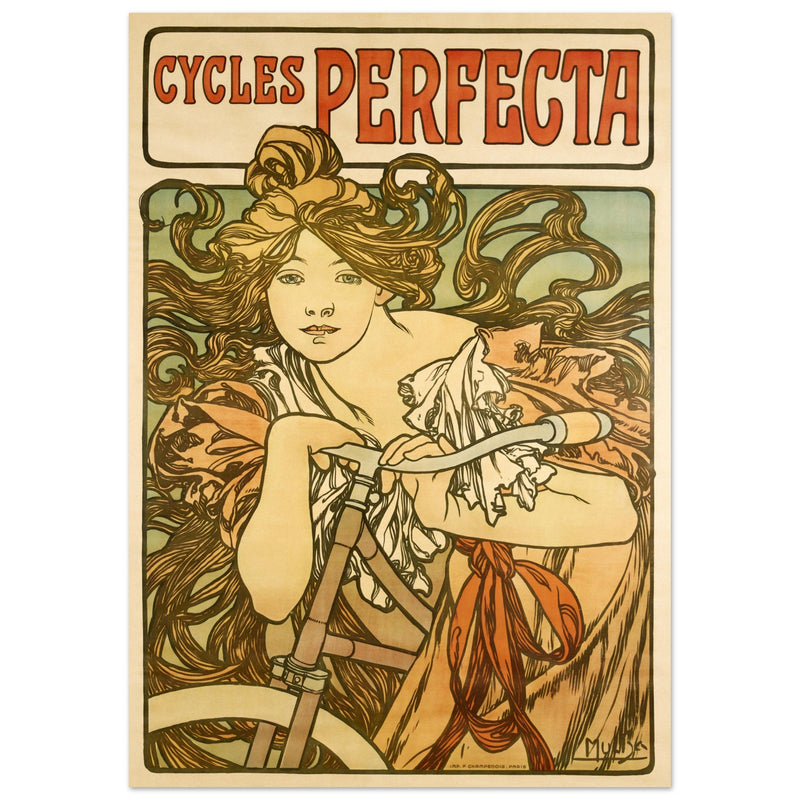 Alphonse Mucha print Cycles Perfecta. Art Nouveau bicycle advertising poster.