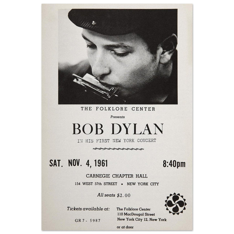 Bob Dylan concert poster in Carnegie Chapter Hall 1961.