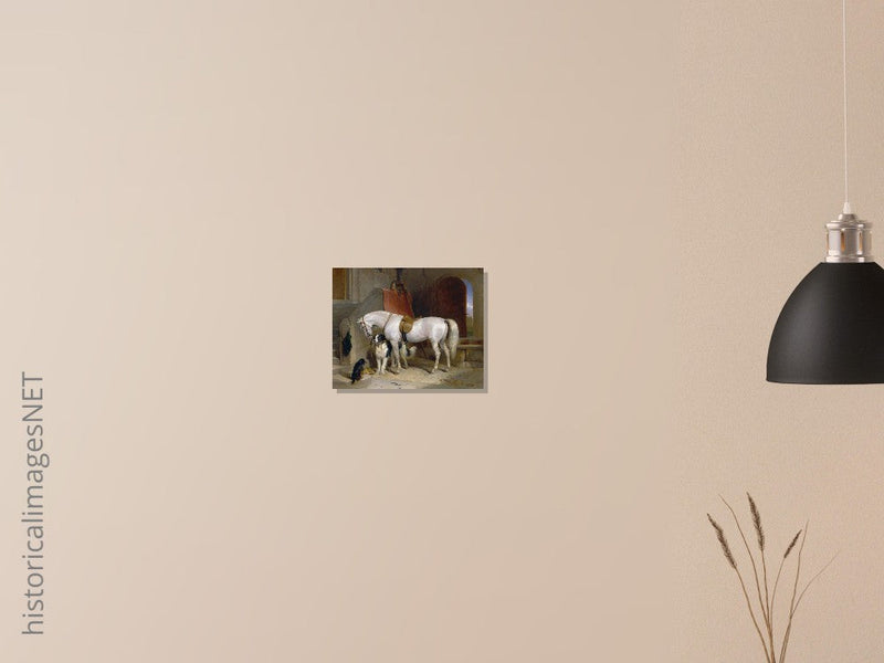 White horse in stable with dogs antique painting by Edwin Landseer.