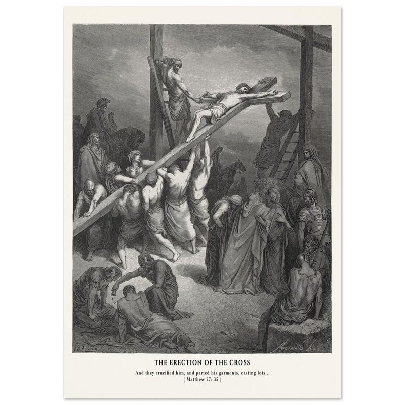 Gustave Dore The Bible engraving print . The Crucifixion  illustration .The erection of the cross.