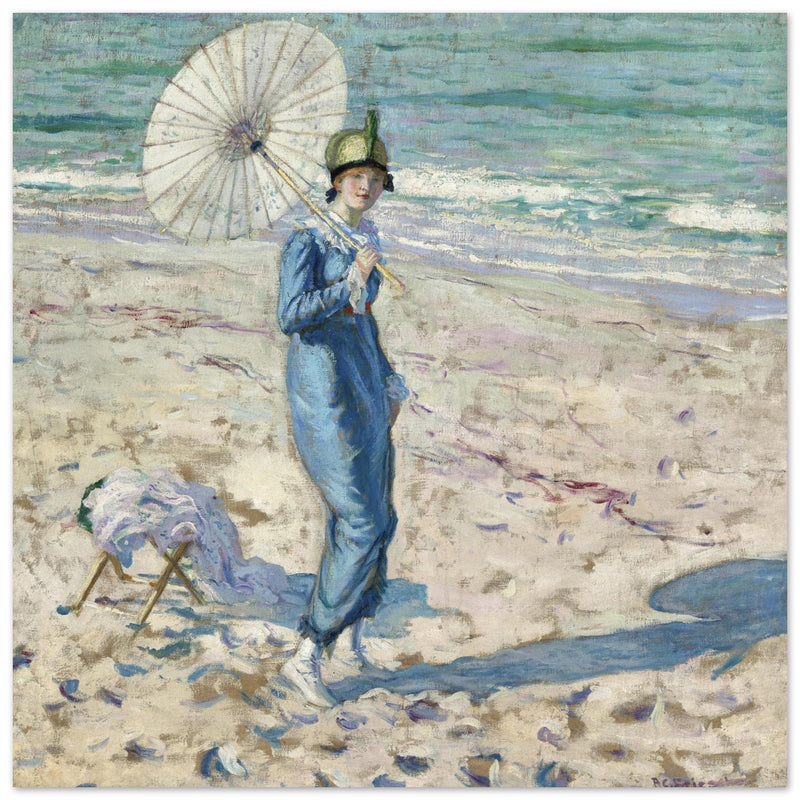 On the Beach Girl in Blue antique painting reproduction by Frederick Carl Frieseke