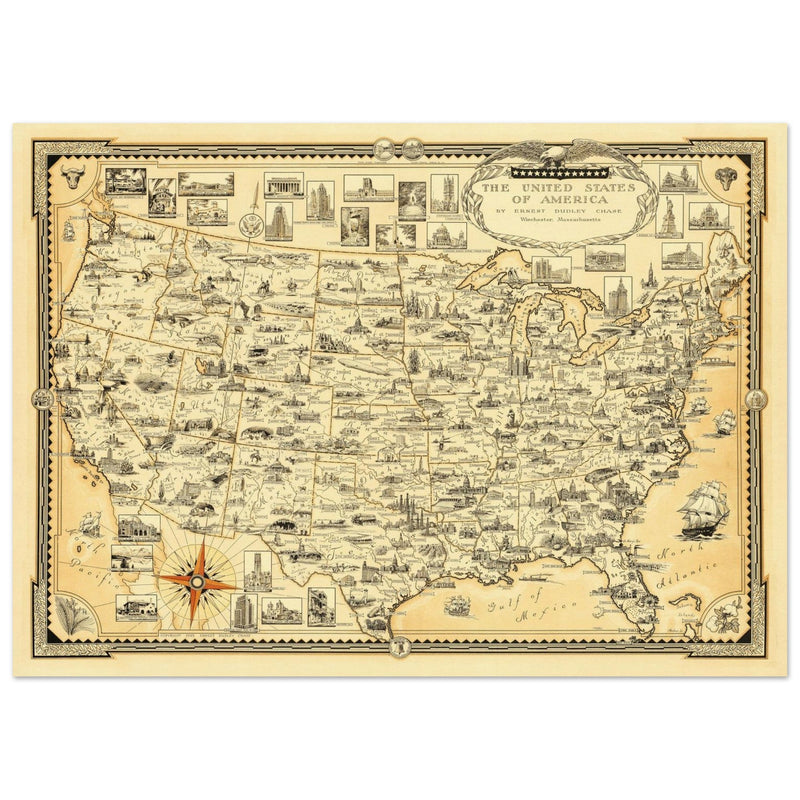 United States of America vintage map by Ernest Dudley Chase celebrating landmarks and national symbols of identity.