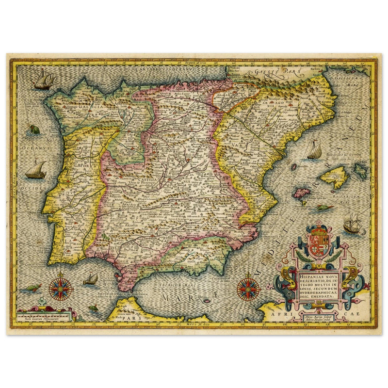 Ancient Spain and Portugal map. Iberian Peninsula cartography by Henricus Hondius.