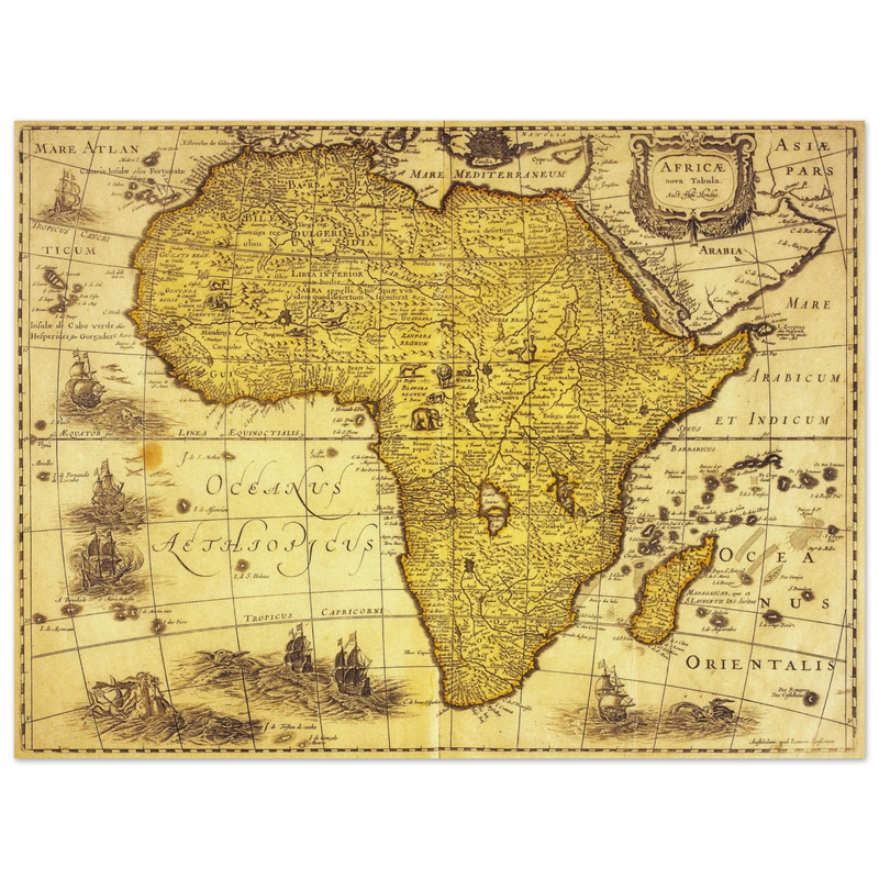 Africa ancient vintage map print reproduction. African continent cartography of 1680 by Hendrik Hondius