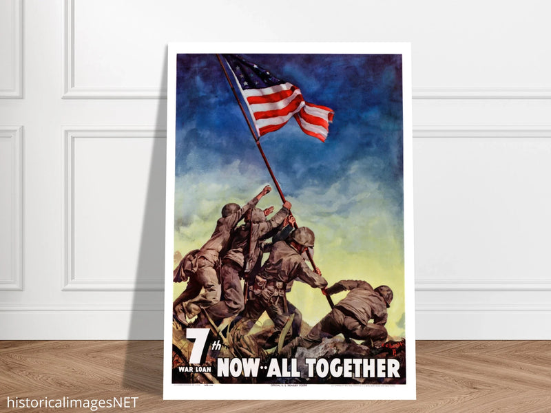 US soldiers rising american flag on mount Iwo Jima. World War 2 vintage poster