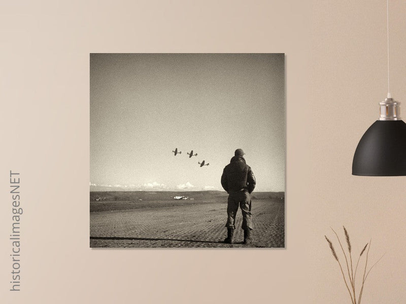 Airman standing in airfield in Italy 1945. Fine art black and white toned print