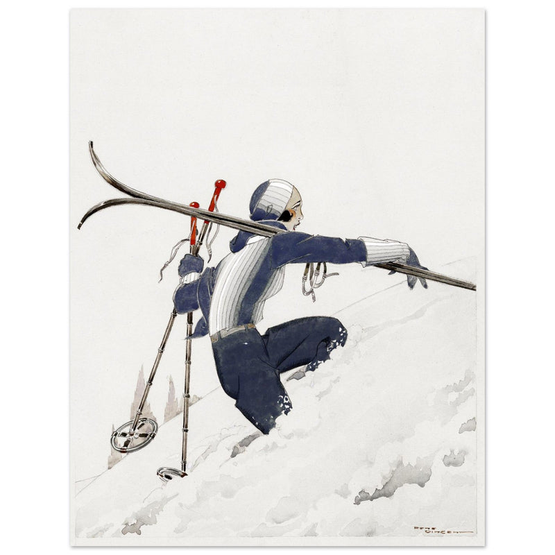 Skieuse a pied dans la neige by René Vincent. Female skier illustration.