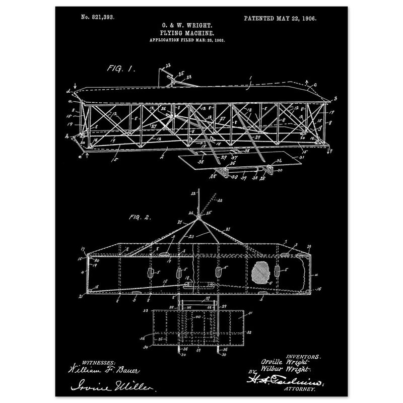 Flying machine patent 1906 by the Wright brothers. Vintage airplane.