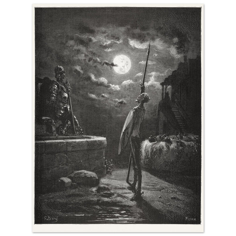 Don Quixote by Gustave Dore. The knight raising his sword against the moon at night.