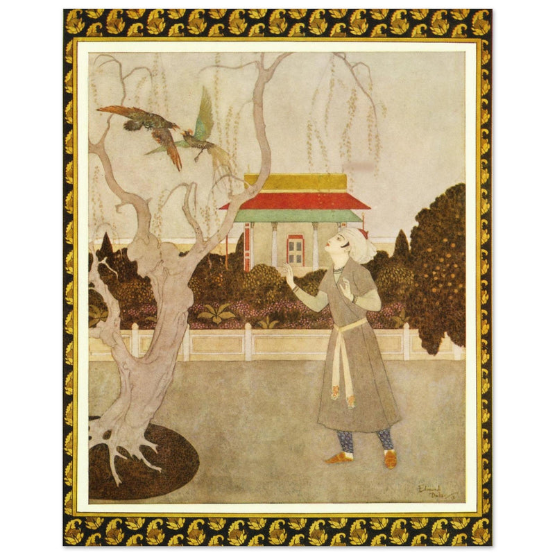 Edmund Dulac and one of his illustration for Princess Badoura fairy tale. Prince Camaralzaman and the Birds.