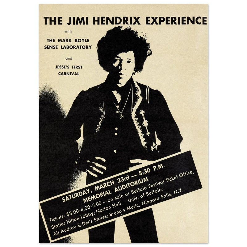 Jimi Hendrix experience music poster. Performance in the Memorial Auditorium Buffalo New York.
