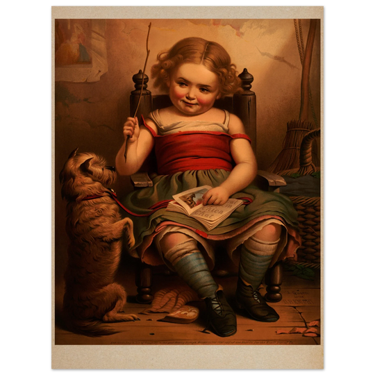 Little girl teaching dog poster reproduction by James Fuller Queen XIX Century