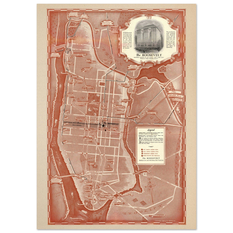 1938 New York City map. Created as an advertisement for the Roosevelt Hotel it includes major streets of Manhattan