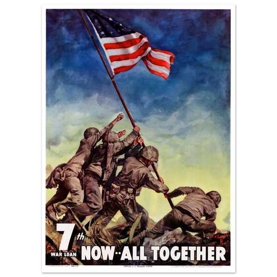 US soldiers rising american flag on mount Iwo Jima. World War 2 vintage poster