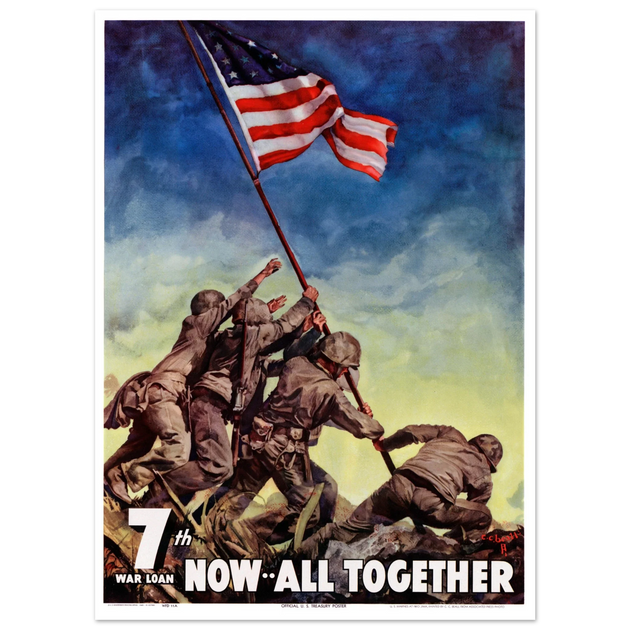 US soldiers rising american flag on mount Iwo Jima. World War 2 vintage poster
