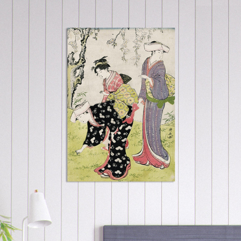 Two women and a girl under a blossoming cherry tree by Torii Kiyonaga XVIII Century Woodblock print reproduction .