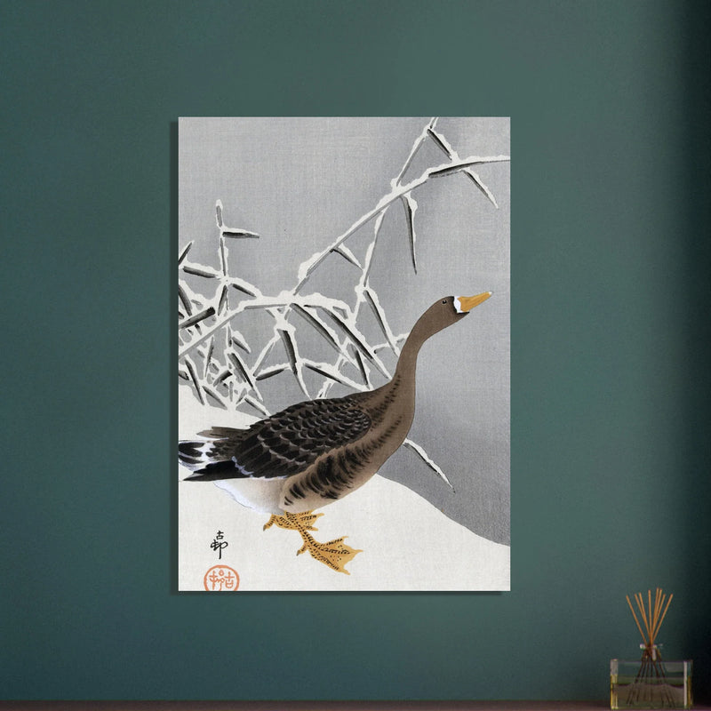 White-fronted goose in the snow by Ohara Koson