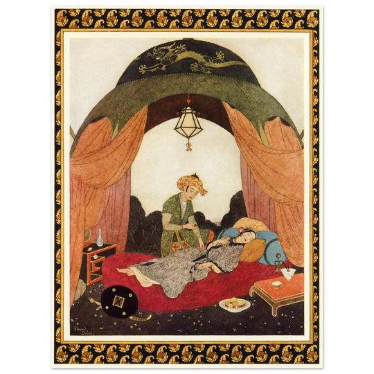 Edmund Dulac and one of his illustration for Princess Badoura fairy tale. Camaralzaman Finds the Talisman .